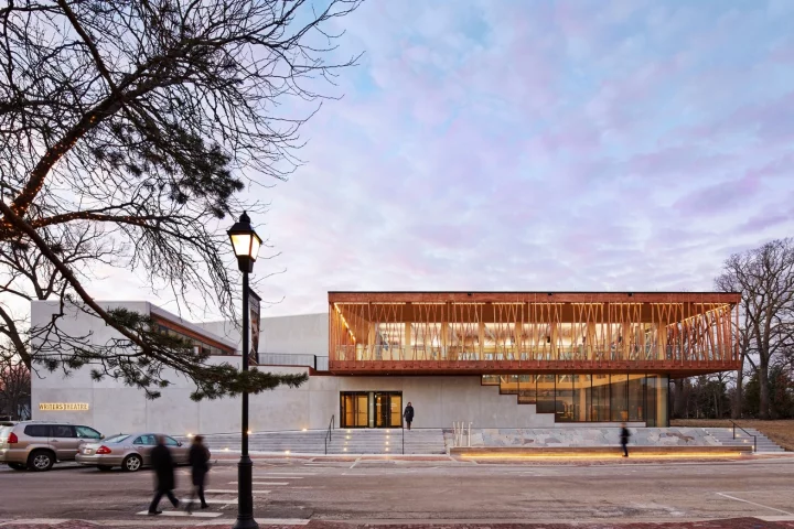 The Writers Theatre covers an area of 36,000 sq f (3,345 sq m)