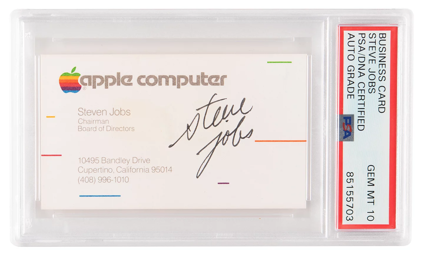 This signed Steve Jobs Apple business card (circa 1983). It has been assessed as "PSA GEM MT 10."