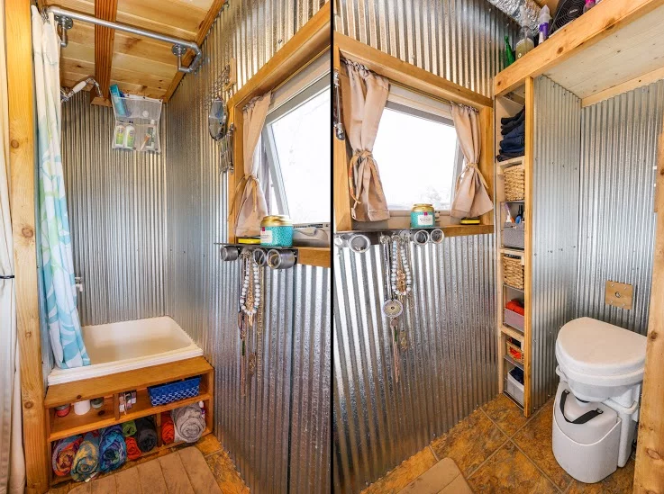 The shower and toilet areas clad in metal roofing, which helps keeping the magnetized shower curtain in place