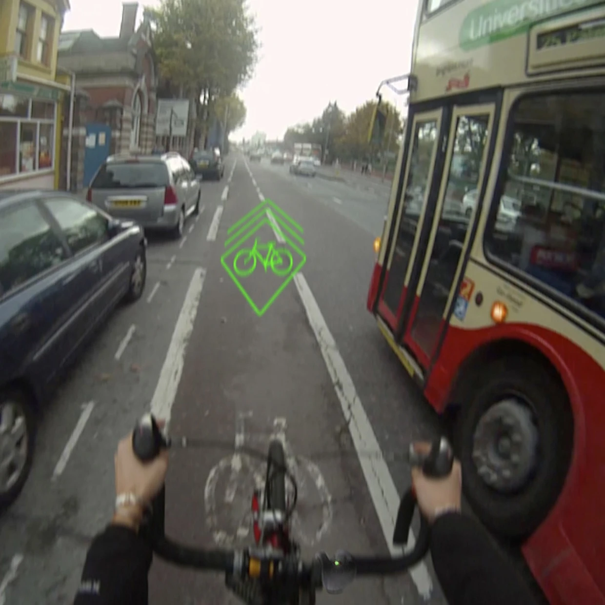 BLAZE is a protype device that alerts drivers to the presence of a cyclist, by a projecting a laser image onto the road in front of the bicycle(Photo: University of Brighton)