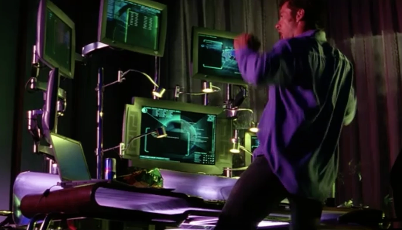 Hugh Jackman dance-hacking (or hack-dancing?) in "Swordfish"