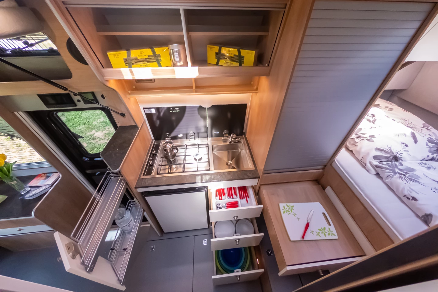 A look at the kitchen and its various drawers and slides