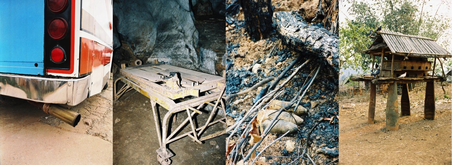 Laos' unfortunate legacy of being in the wrong place at the wrong time during the Vietnam war is everywhere. That's a bus muffler fashioned from a bazooka at left, an American bomb-lifter photographed in a cave along the Ho Chi Minh trail where it was formerly used as an operating table, unexpoloded ordnance uncovered by a fire, and yet another visual irony, a dove coup set atop unexploded ordnance remnants.