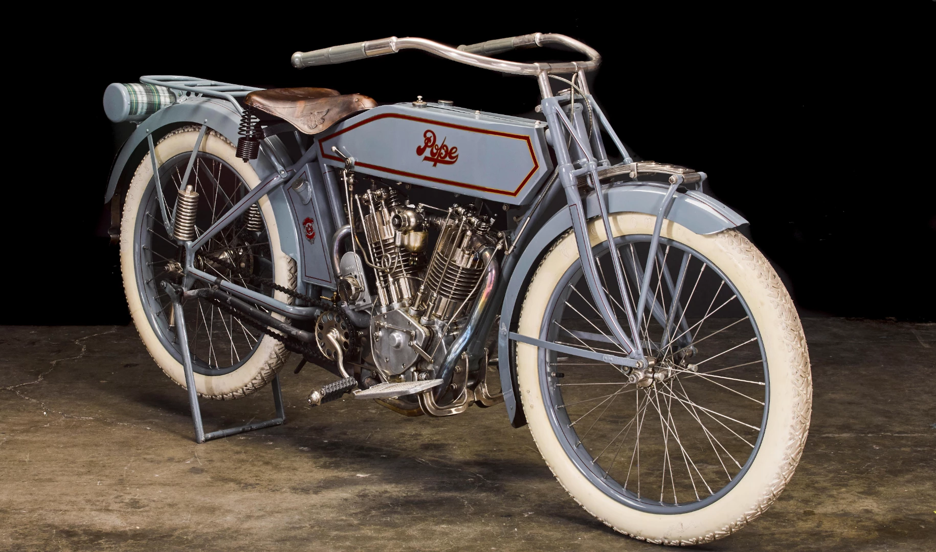 This ex-McQueen, 1914 Pope 61ci Model L Twin was subsequently part of the Otis Chandler collection. When that collection was sold in 2006, the Pope was sold at auction by Gooding & Co for $121,000. It went to auction again in January, 2018 by Bonhams in Las Vegas and failed to meet reserve against an estimate of $120,000 to $140,000