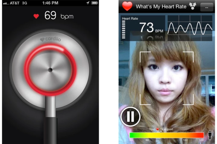 The Cardiio (left) and What's My Heart Rate (right) apps measure heart rate by detecting changes in the face