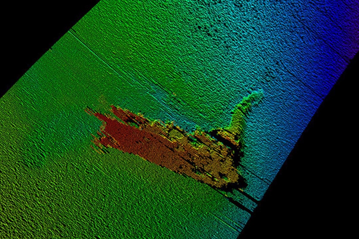 The remains of the Loch Ness monster model (sonar image pictured) resting on a crest on the bottom of the loch