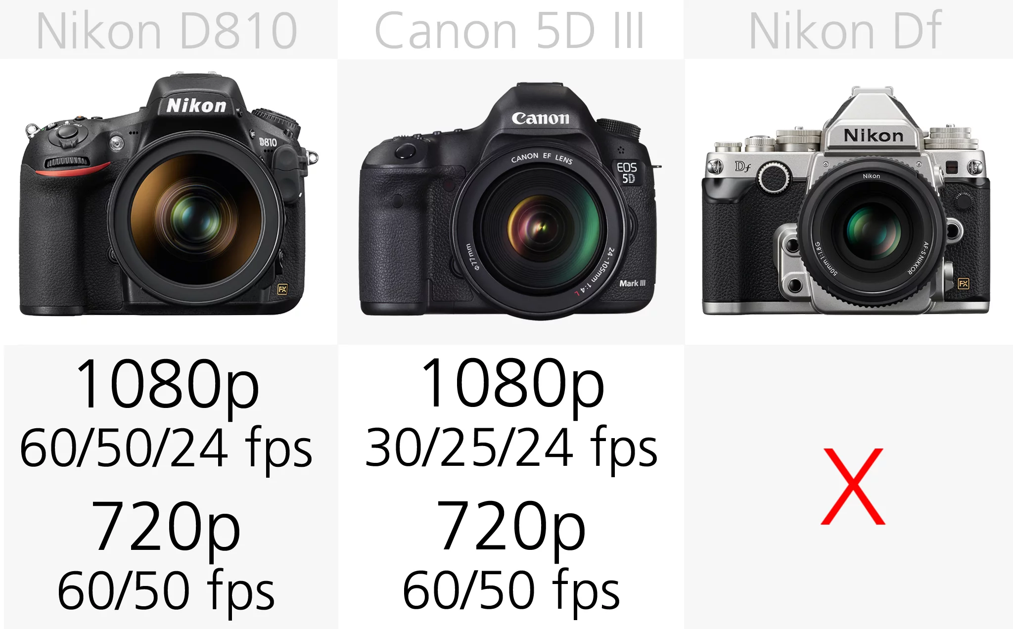The Nikon D750, D810 and the Sony A99 can all shoot Full HD 1080p video at 60/50 fps