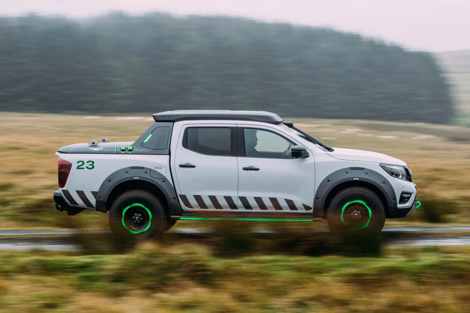 Nissan chose the fluorescent green highlights to increase the truck's overall visibility in day and night