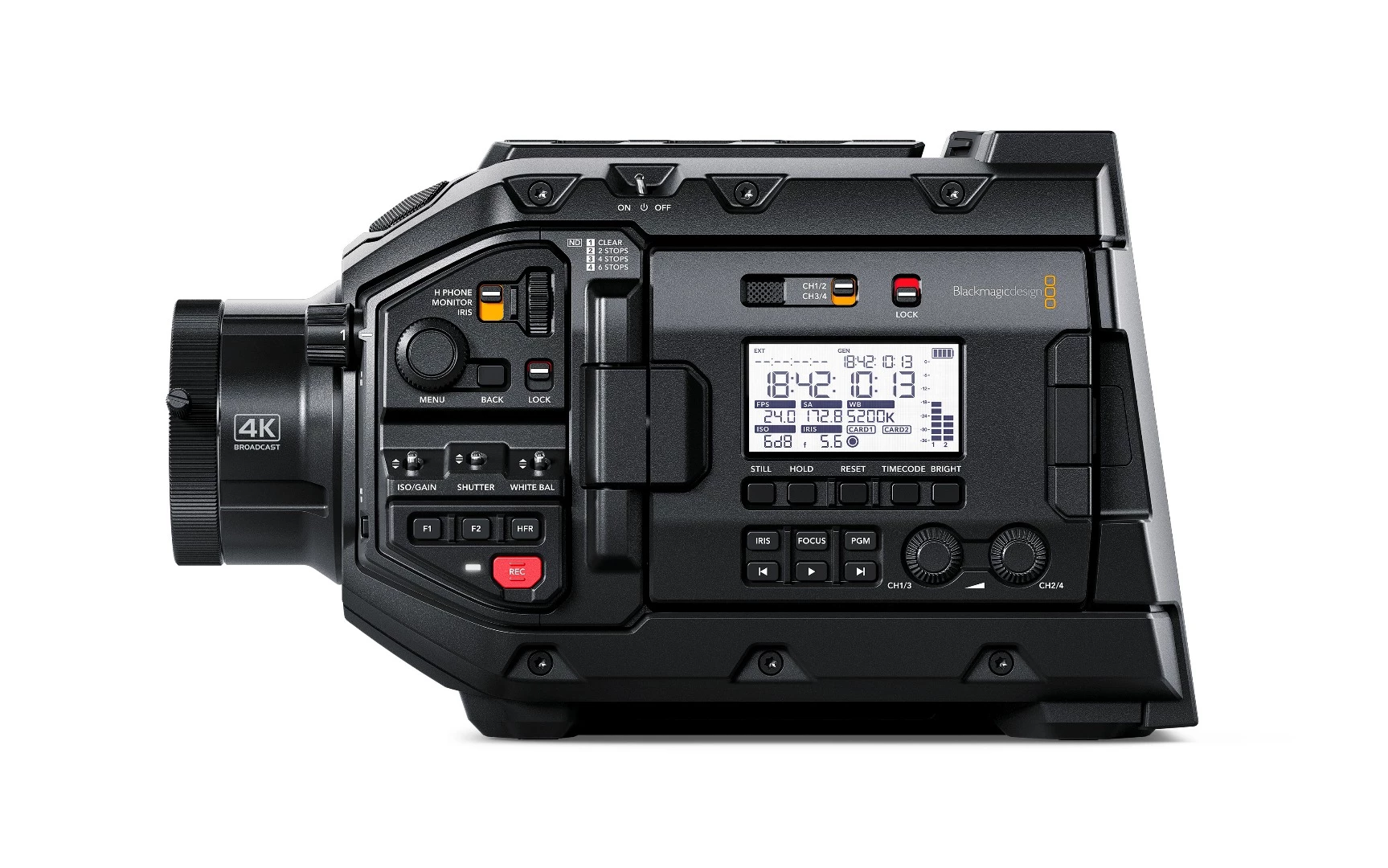 The Blackmagic URSA Broadcast 4K camera features a backlit LCD status display panel that shows critical shooting information