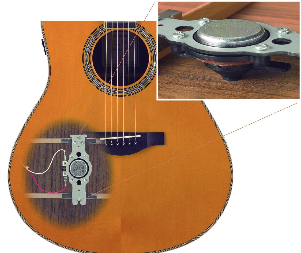 Plucking the strings causes the actuator to vibrate, and these vibrations are then carried by the body and the air inside and out