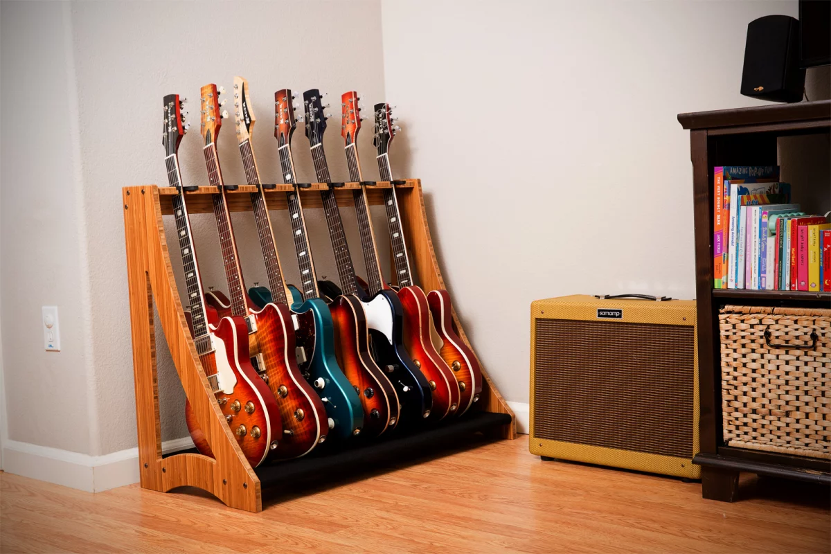 The DRS Racks instrument storage system is modular, stackable and aesthetically-pleasing enough to grace any living room