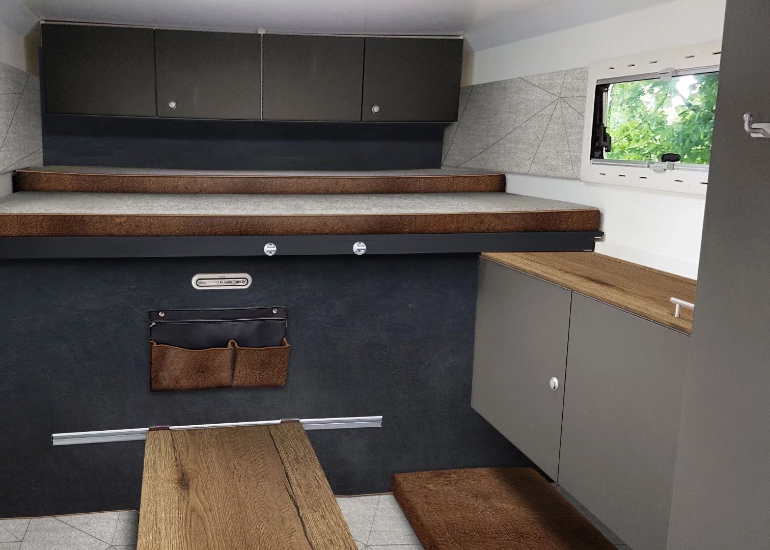 The upper bed folds out at night, and the lower bed converts from the dinette