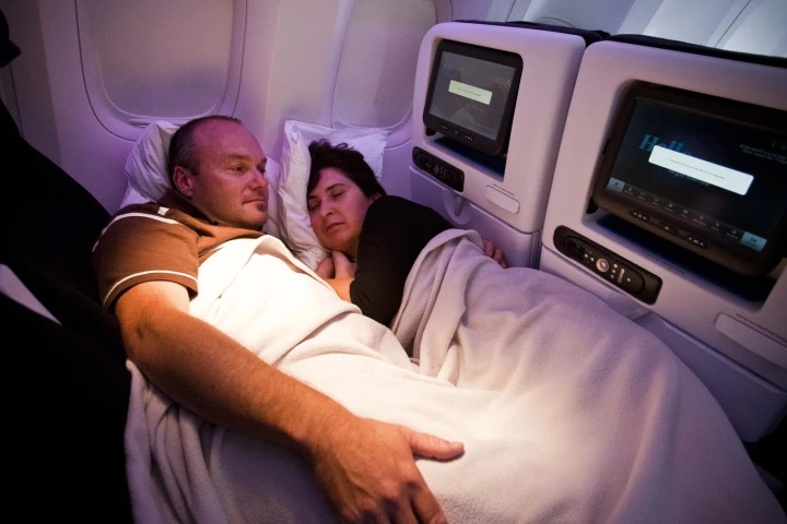 Andy and Barbara Maclean, passengers on Air New Zealand's 777-300ER's inaugural flight from Los Angeles to London, were some of the first cuddlers in the new Skycouch