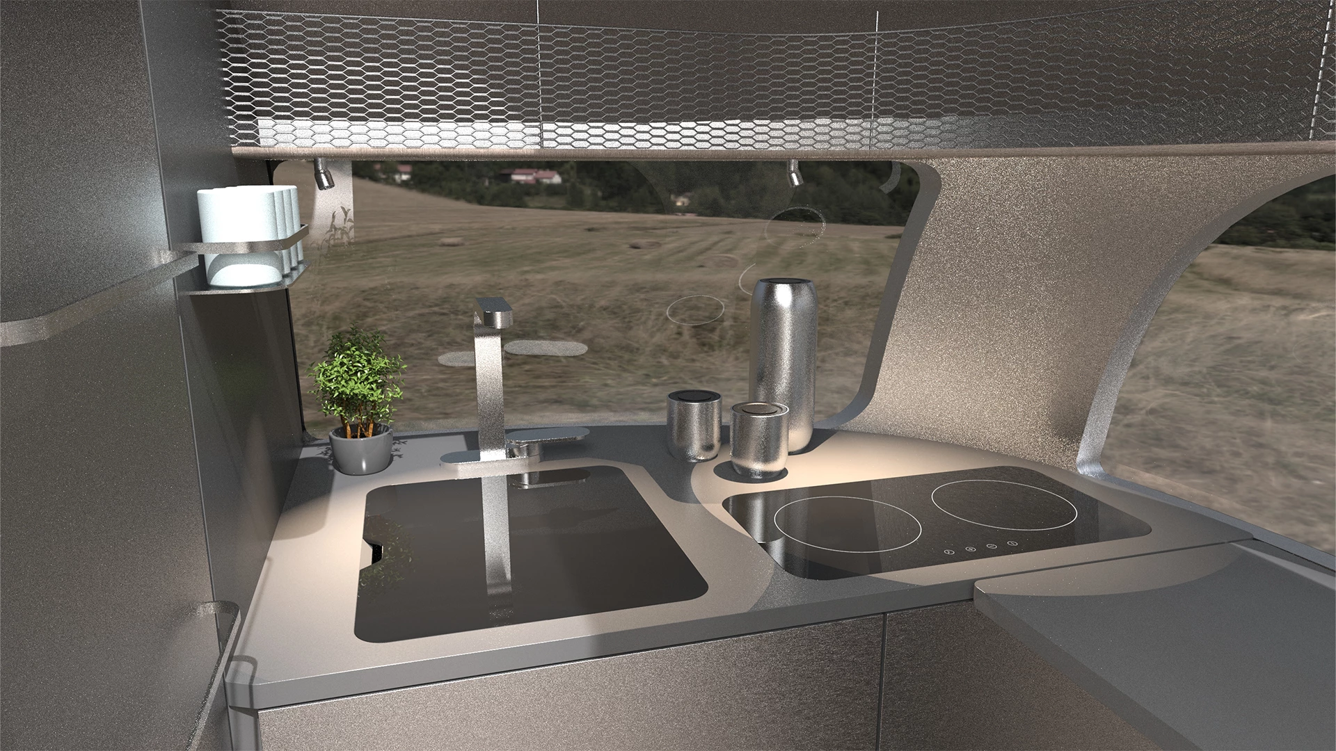The kitchen block up front appears to rely on induction cooking, indicating a possible all-electric trailer design