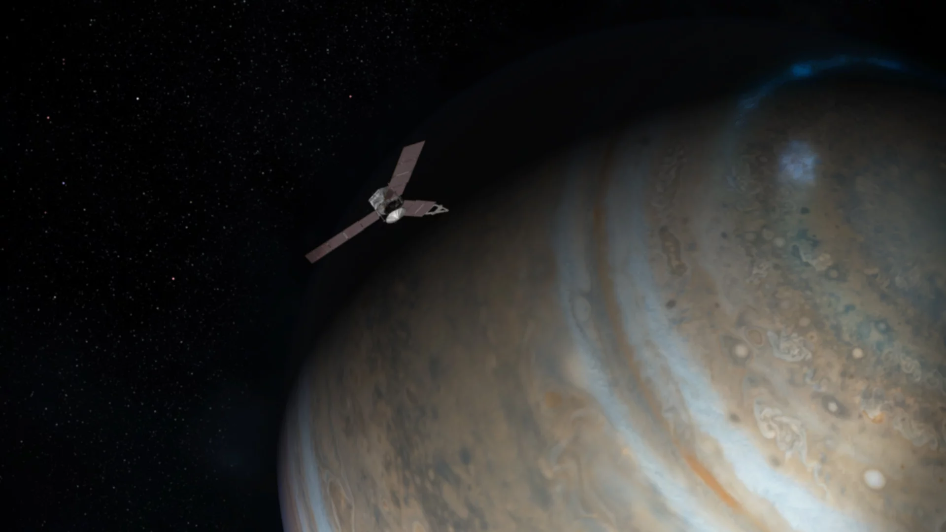 Artist's impression of Juno in polar orbit over Jupiter (Image: NASA/JPL-Caltech)
