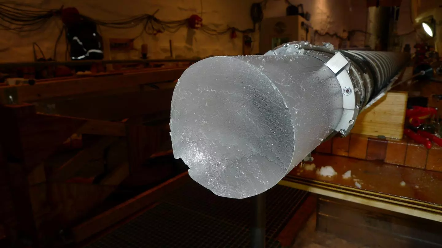 A sample core drilled from the Greenland ice sheet
