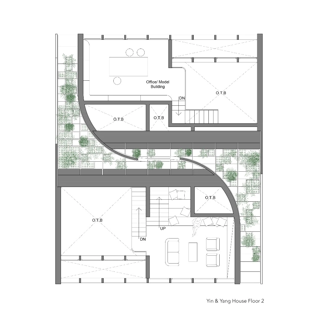 Second floor, floor plans of the Yin & Yang house by Penda architects