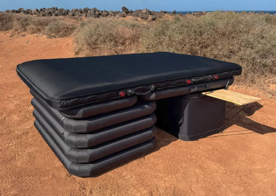 The Stuff Bubble inflatable bed platform with the kitchen as the basic support on the right side