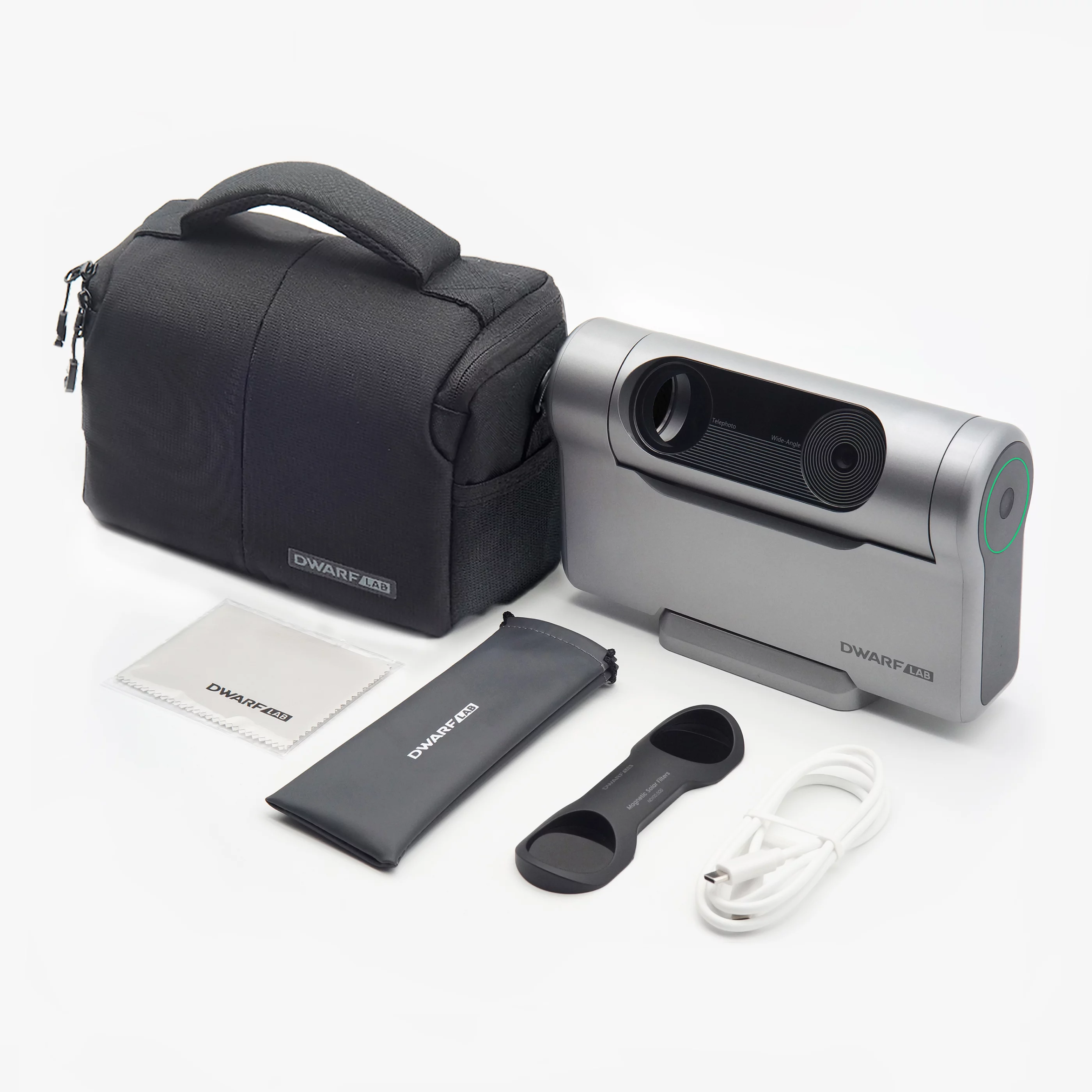 The Dwarf III smart telescope ships with a padded carry bag, ND filter plus pouch, USB cable and cleaning cloth