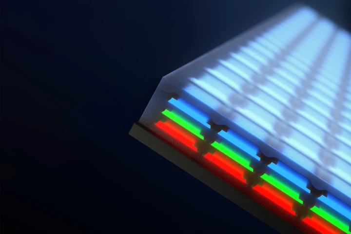 Micro-LED pixels in which the sub-pixels are stacked vertically (pictured), can be packed more densely than their conventional counterparts