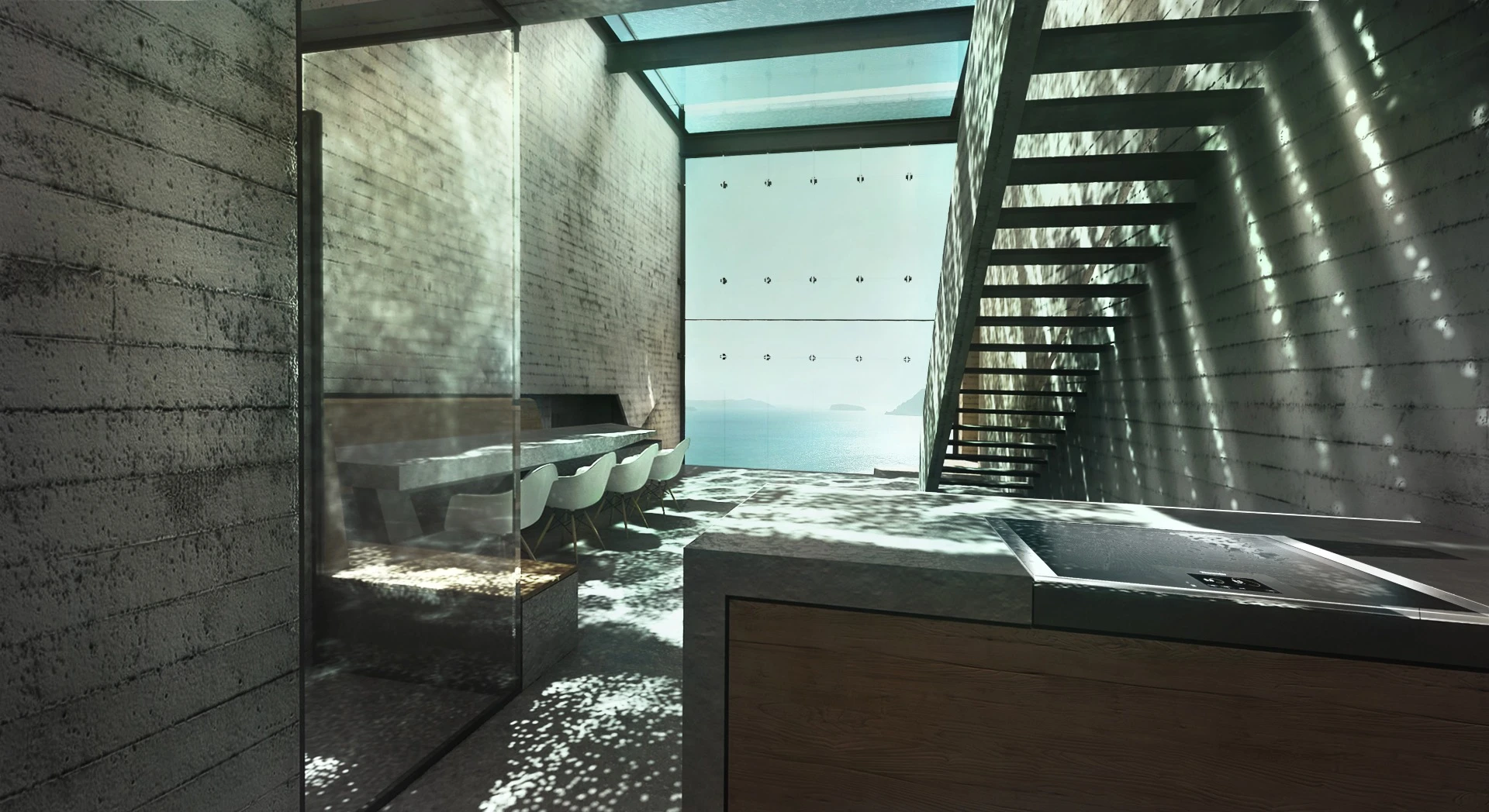 The interior decor is dominated by unfinished concrete