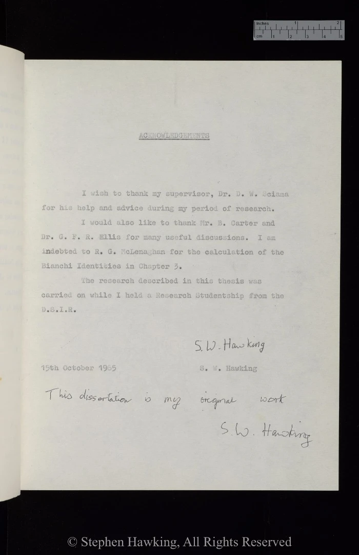 Signed and dated acknowledgement page of Stephen Hawking's 1966 PhD thesis
