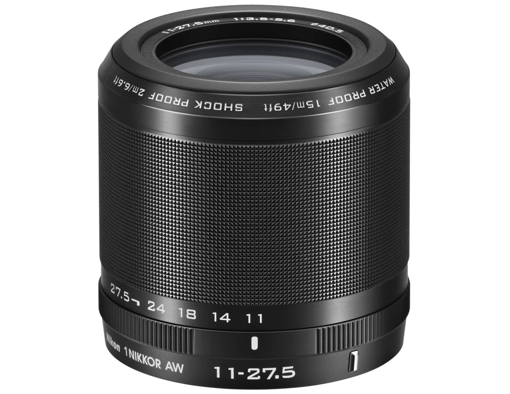 The 1 NIKKOR AW 11-27.5 mm f/3.5-5.6 is a zoom gives the 35 mm-format focal length equivalent of 30-74 mm on the Nikon 1 AW1