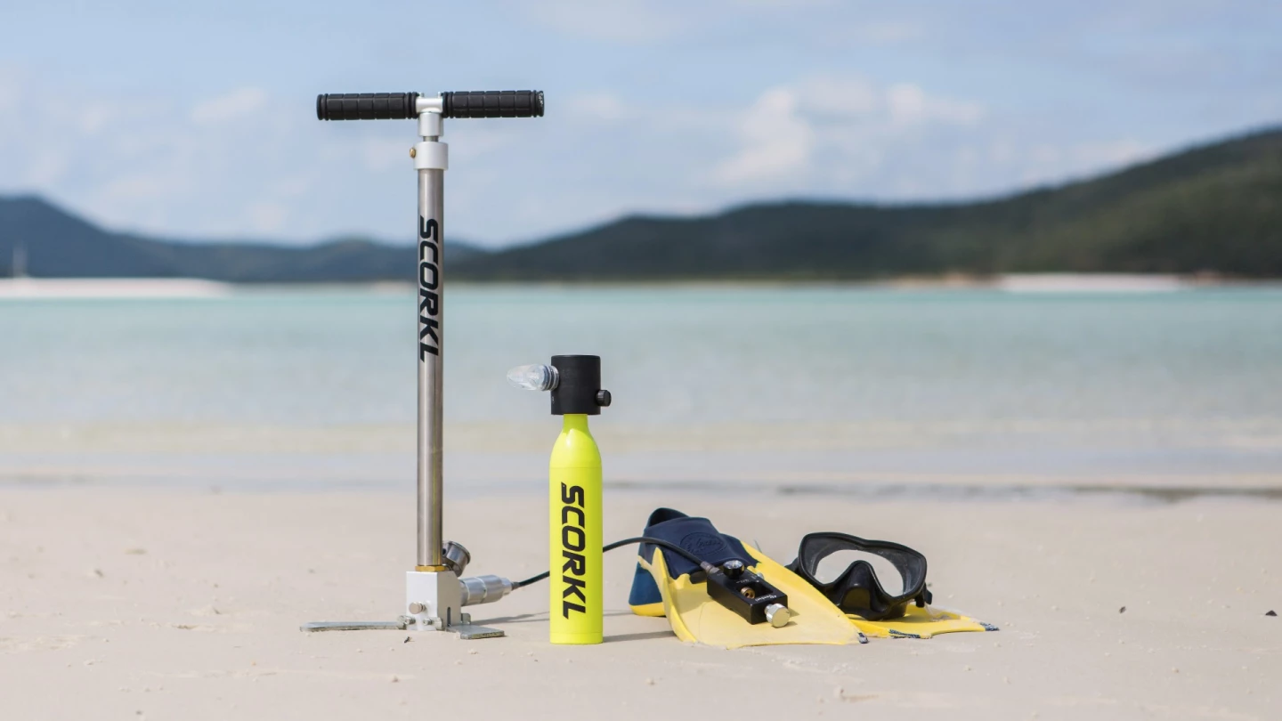 The Scorkl is a lightweight compact breathing device that enables you to breathe underwater for up to 10 minutes. If you don't have a compressor to recharge the $200 Scorkl, there's a $200 high pressure pump so you can fill it yourself.