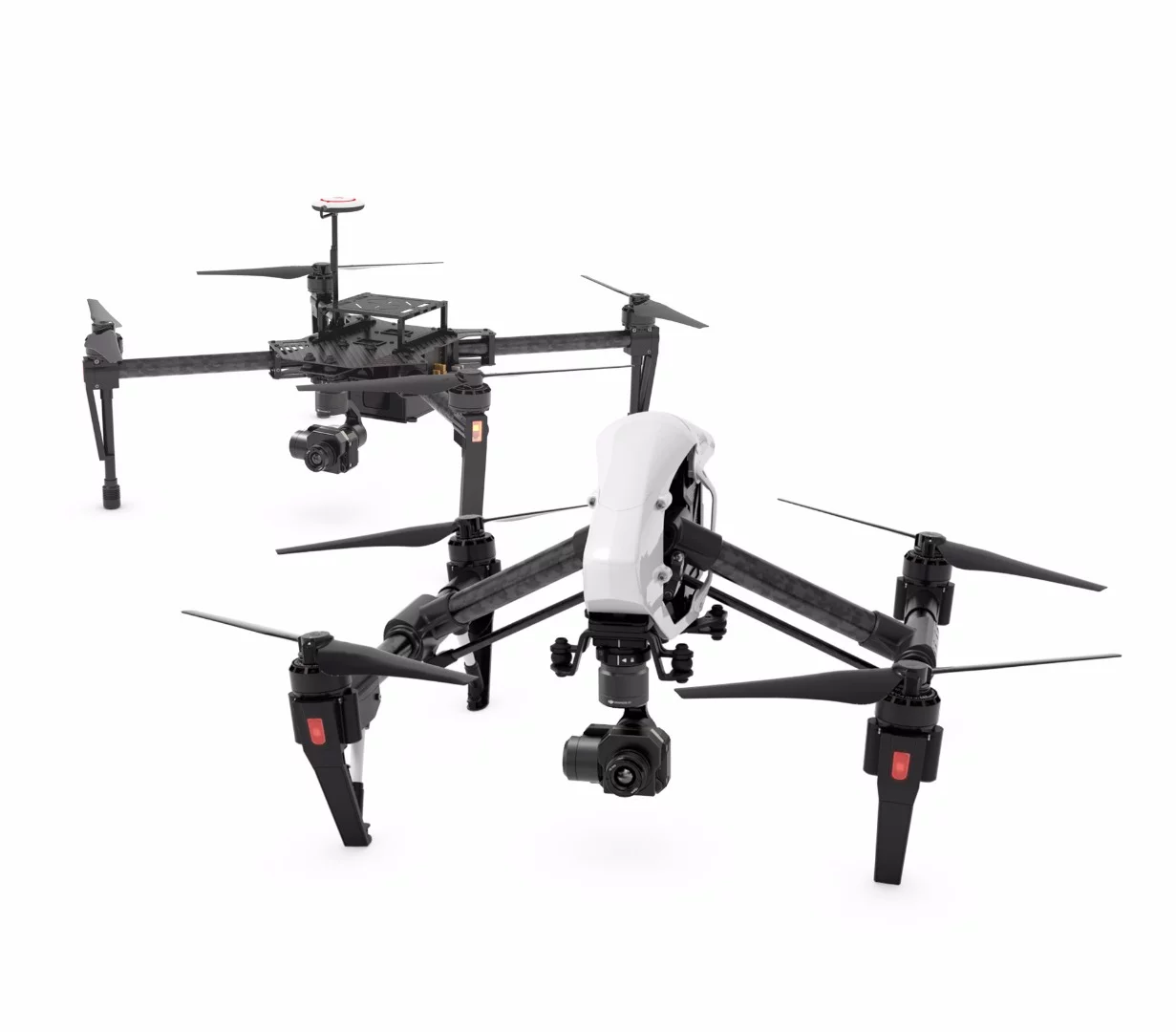 The DJI Zenmuse XT mounted on the Inspire 1 (front right) and M100