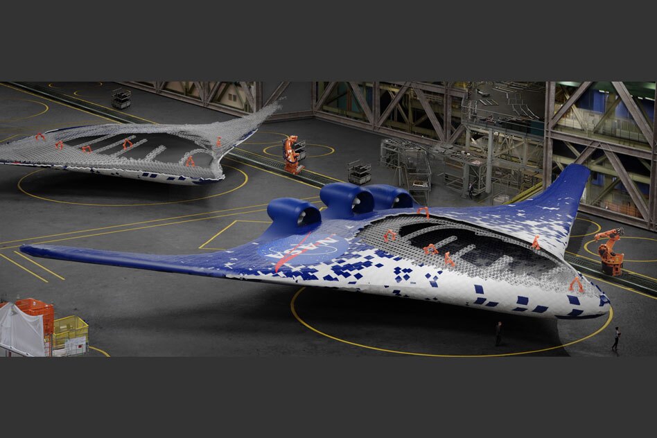 Artist's concept shows integrated wing-body aircraft, enabled by the new construction method being assembled by a group of specialized robots, shown in orange