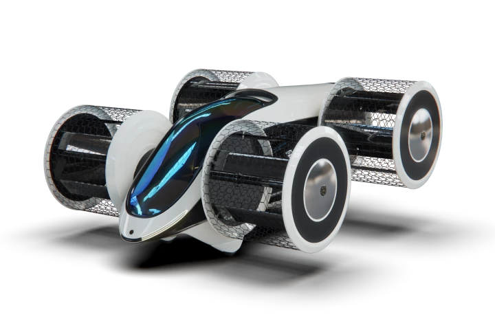 The Cyclocar will carry six people, or up to 600 kg of cargo, up to 500 km (310 miles) thanks to a hybrid powertrain and that unconventional propulsion system
