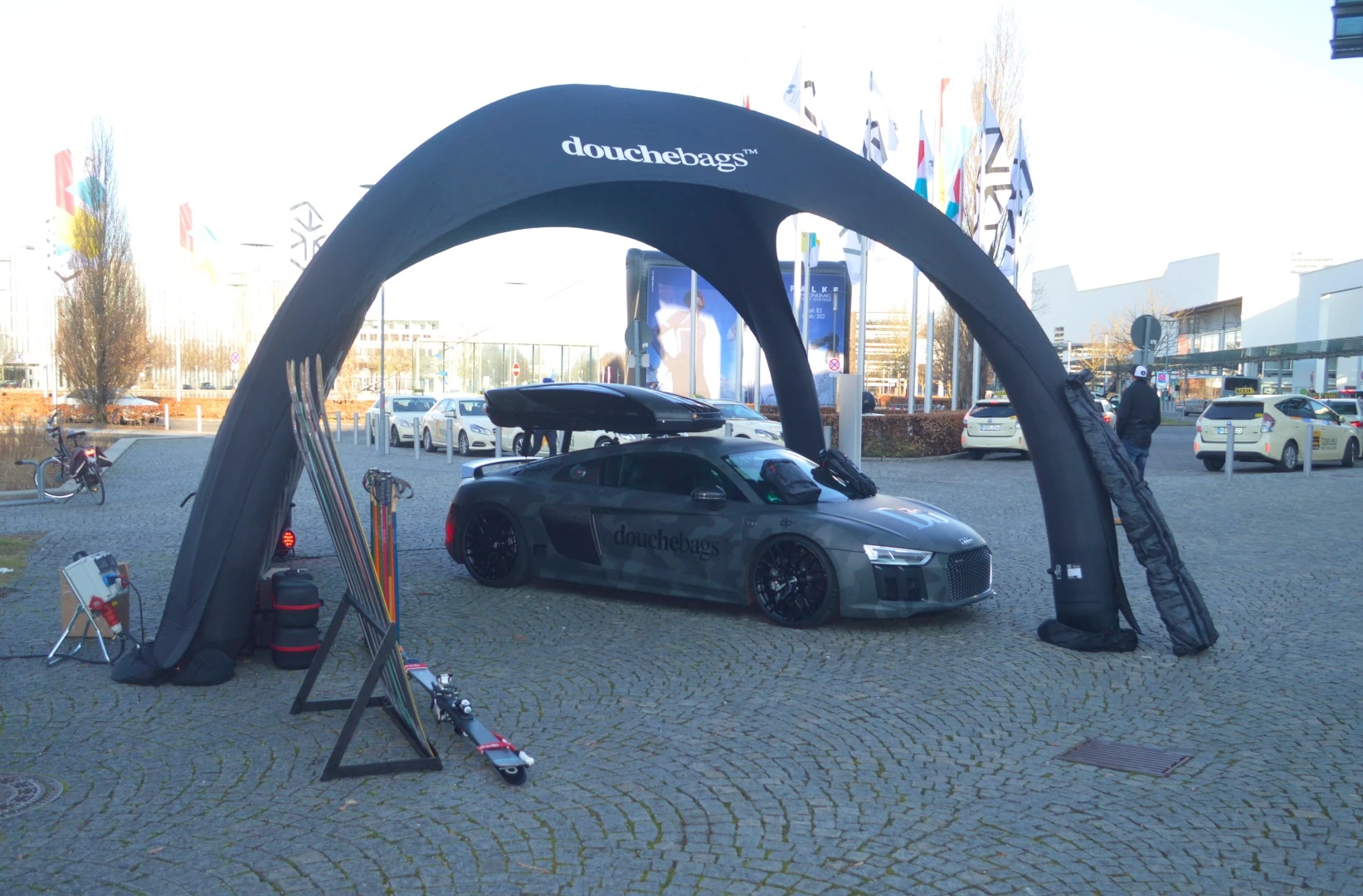 We were hoping Jon Olsson would bring his custom Mercedes G500 4x4 Squared convertible, but instead it was a sharp-looking Audi R8