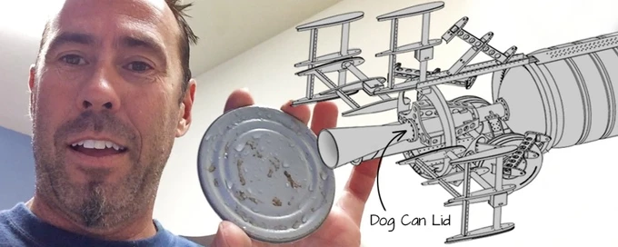 Scott Truax with the actual dog food can lid used to contain the pressurized, superheated water that will power the Evel Spirit