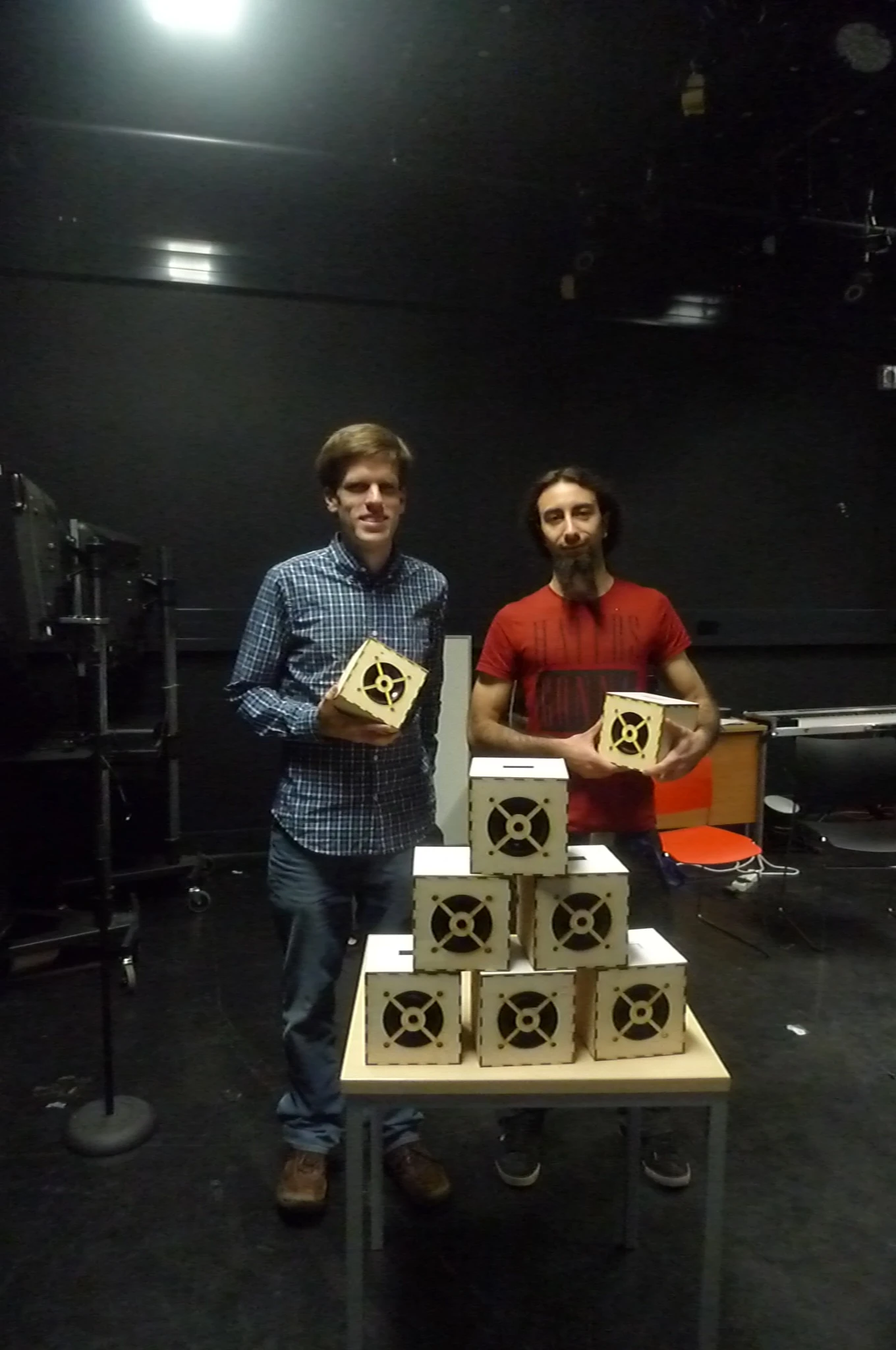 Composer and electronic engineer Andrew McPherson and digital researcher Victor Zappi with their digital music boxes