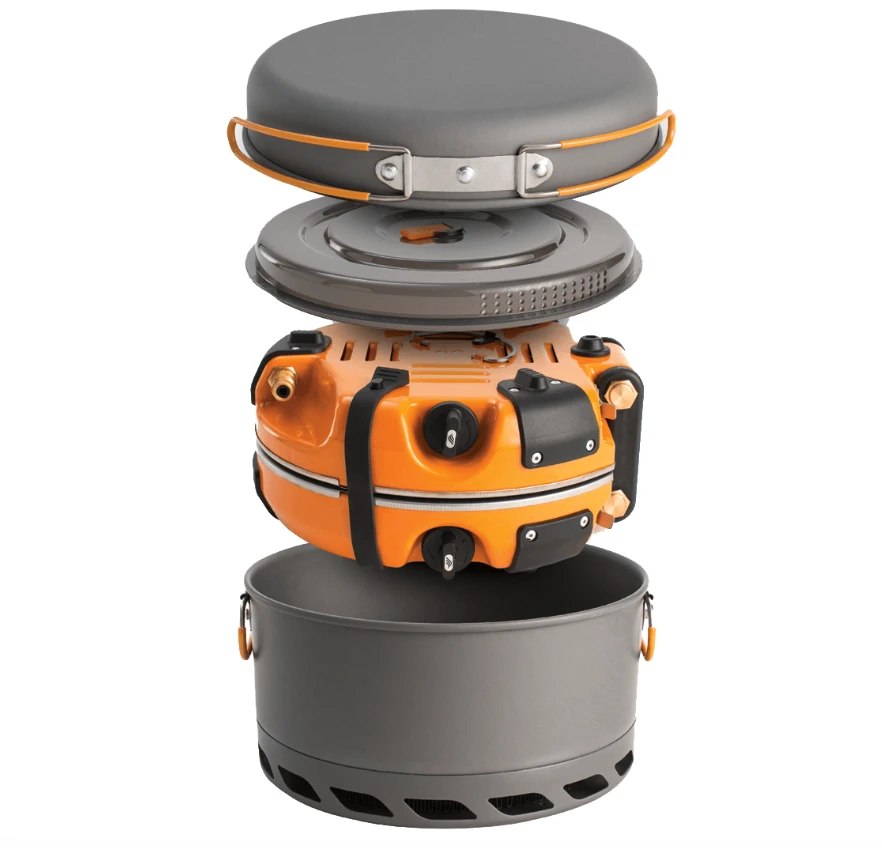 Stove, pot, pot lid and pan store in a compact package