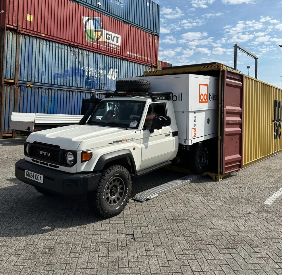 While larger Bliss Mobil units are designed to fit in shipping containers on their own, the Bliss 8 slides in atop its base vehicle