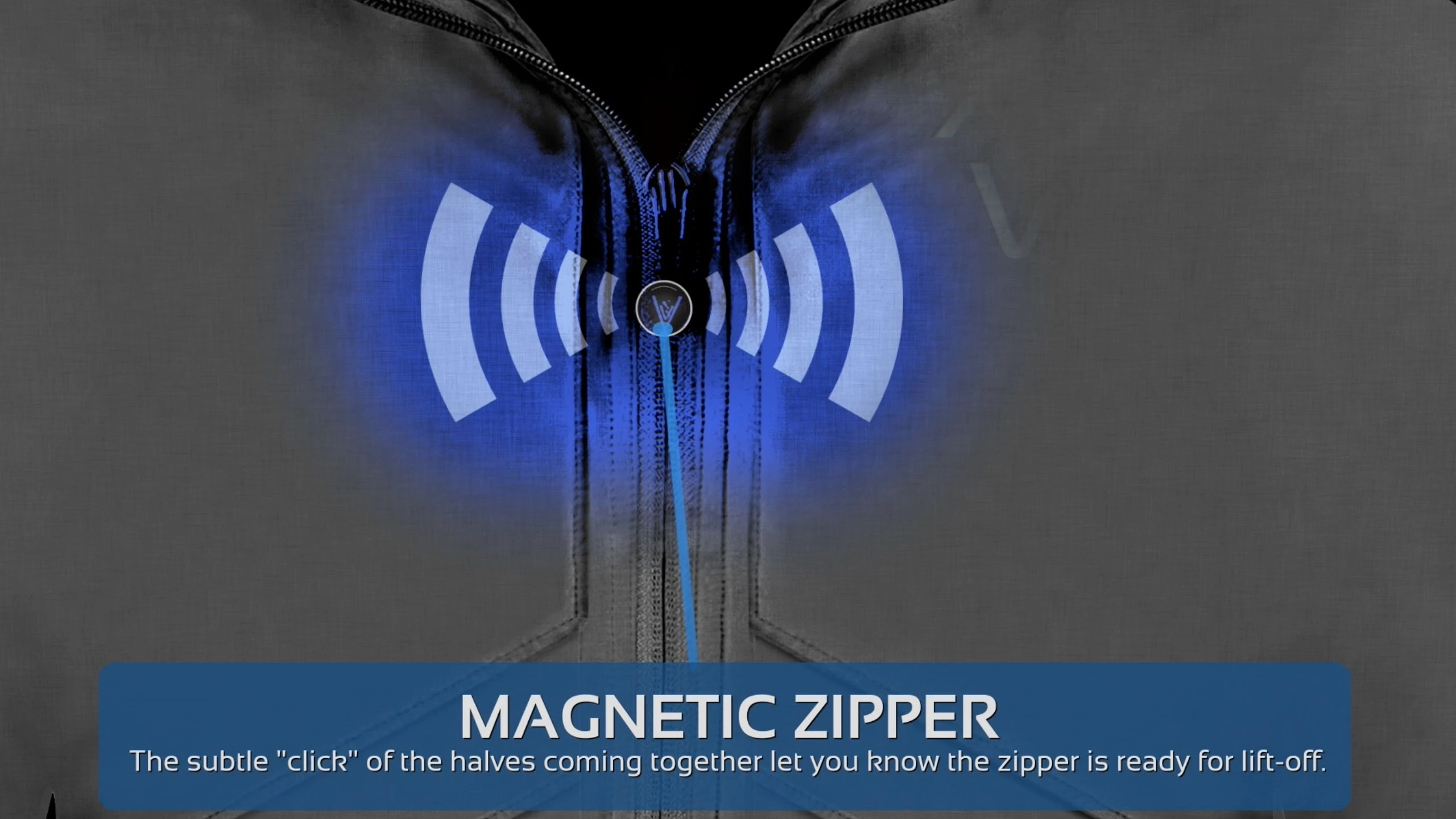 The jacket features a magnetic zipper