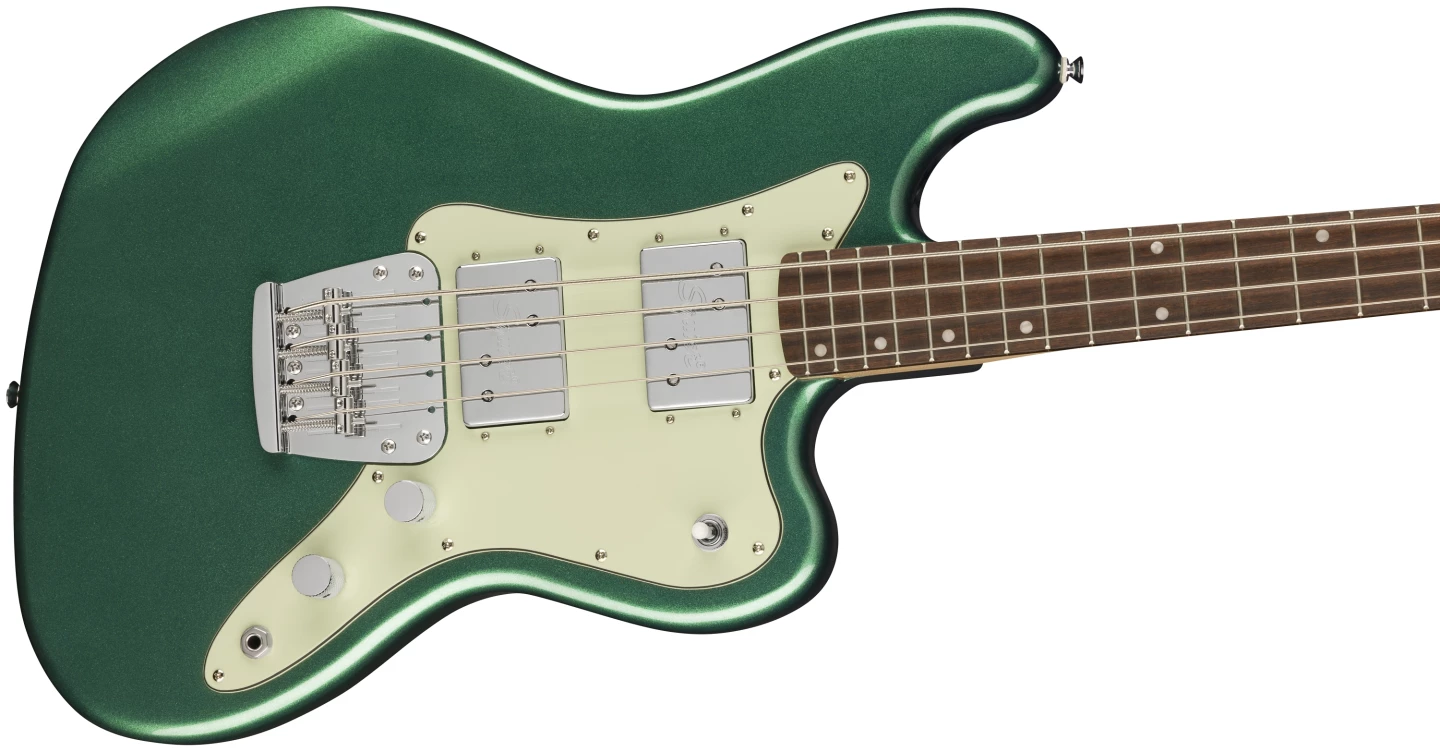 The Rascal Bass HH combines aspects of the Fender Bass VI, a Coronado Bass and a Mustang Bass