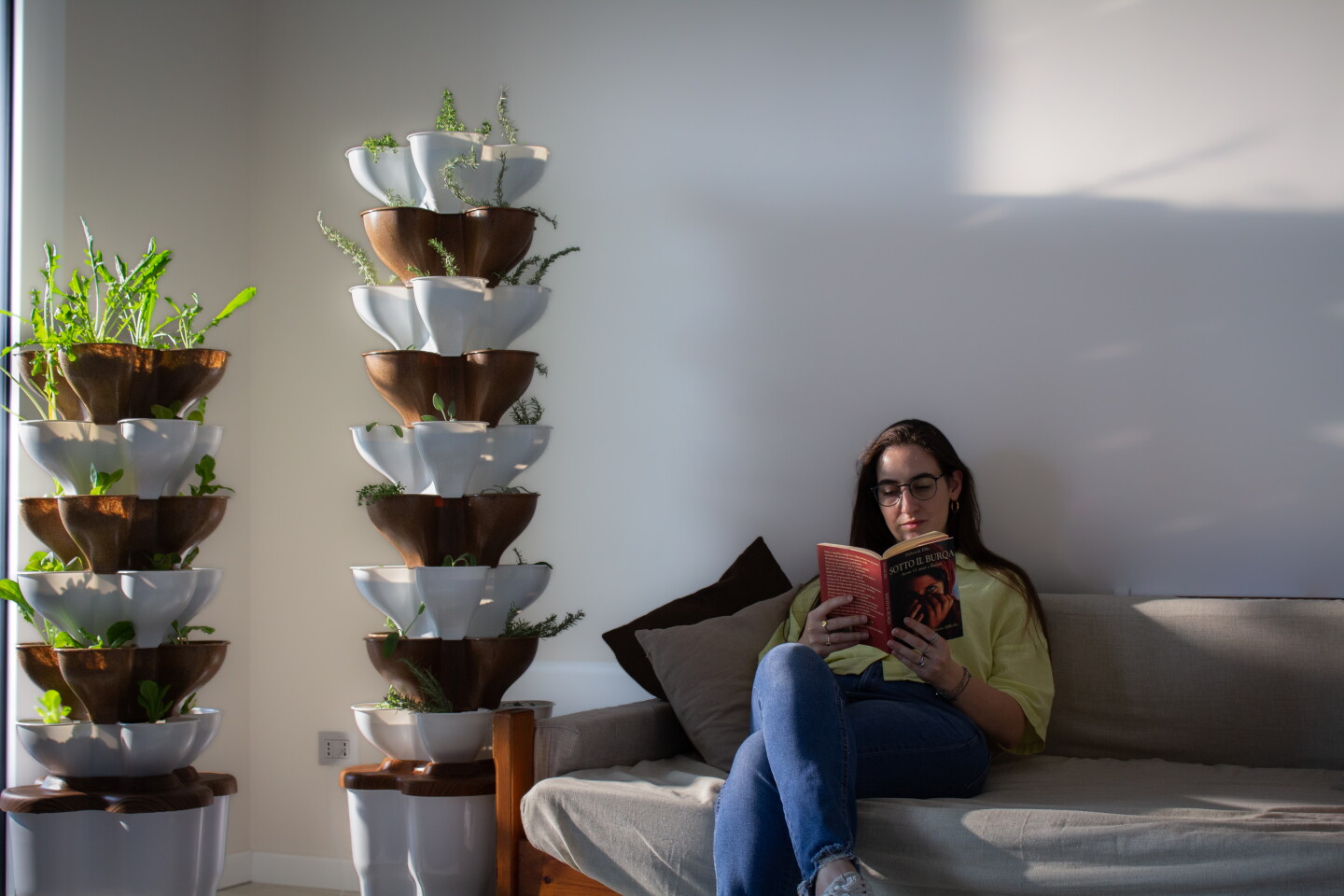 View of Modular app-controlled vertical garden stacks greens indoors or out