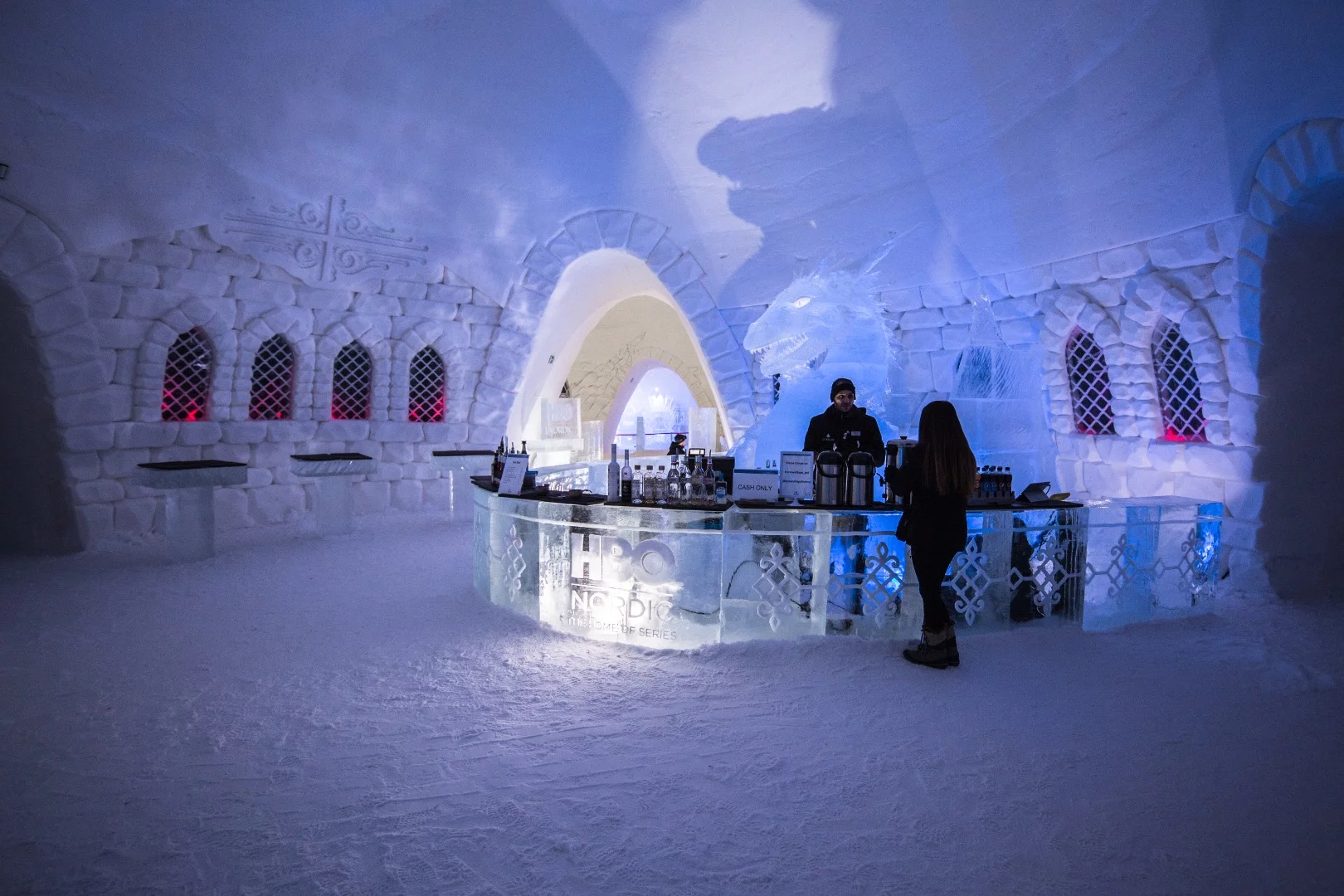 The SnowVillage includes a hotel, restaurant, bar, and theater, all made from ice