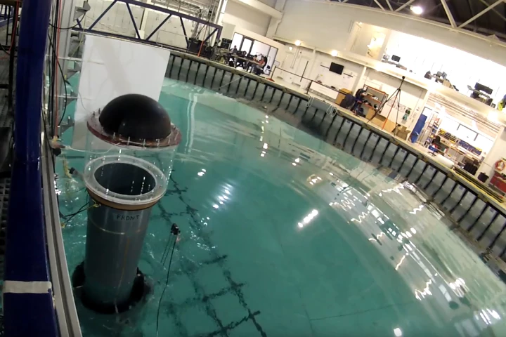 A prototype DEG (left), at the University of Edinburgh's FloWave Facility