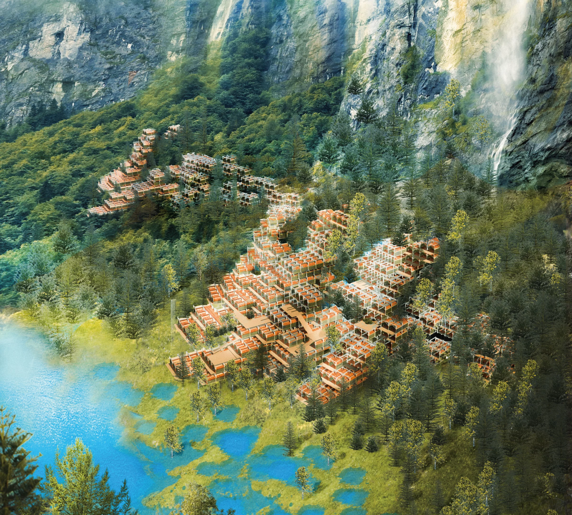 Ice and Wood Skyscraper was designed by China's Sun Tengxin, Ma Rongzhao, Wang Xiaoyu, Zhang Yulin and Zhang Yue. It's envisioned for the village of Guttannen in Switzerland and consists of an attractive and environmentally friendly wood-based high-rise