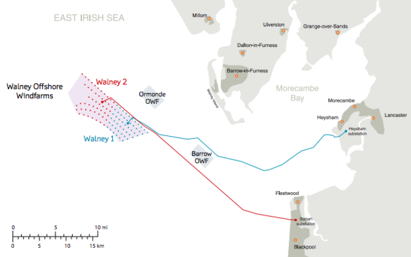 The blue and red lines indicate the export cables for Walney 1 and 2 respectively