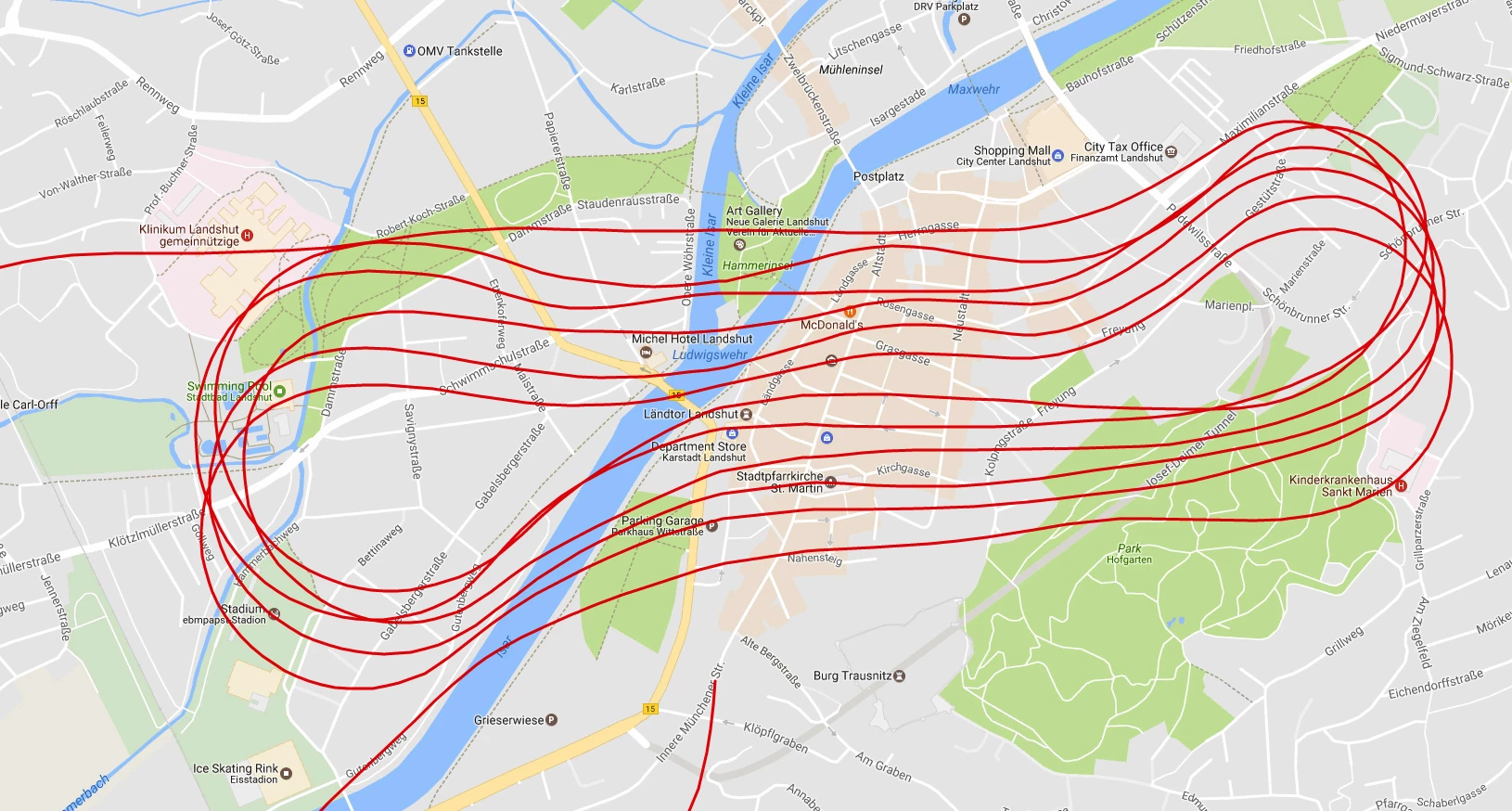 The Elektra One Solar flew autonomously on a predetermined path over Landshut while carrying a complex payload of sensors, cameras and high speed data links which were transmitted to the ground station.