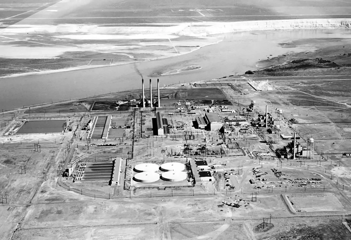 The Hanford D and DR Reactors circa 1955, next to the Columbia River