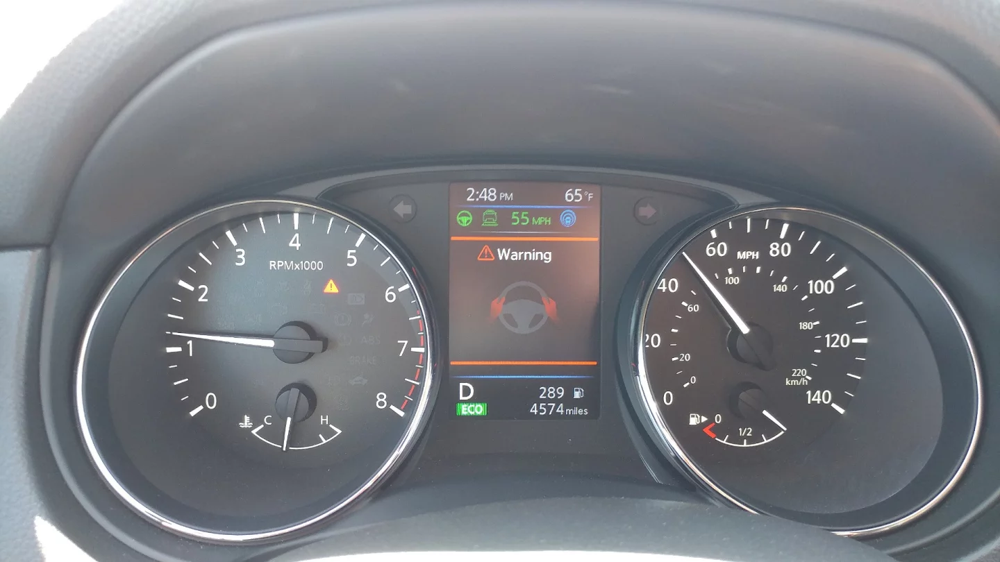 Warnings on the driver's information display alert the driver to inattentiveness at the wheel when the ProPilot Assist system detects no hands on the steering wheel