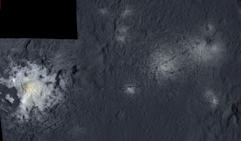 The left side of the mosaic shows the central pit containing the brightest material on Ceres; in the middle of the pit a dome towers 400 meters high covered by fractures