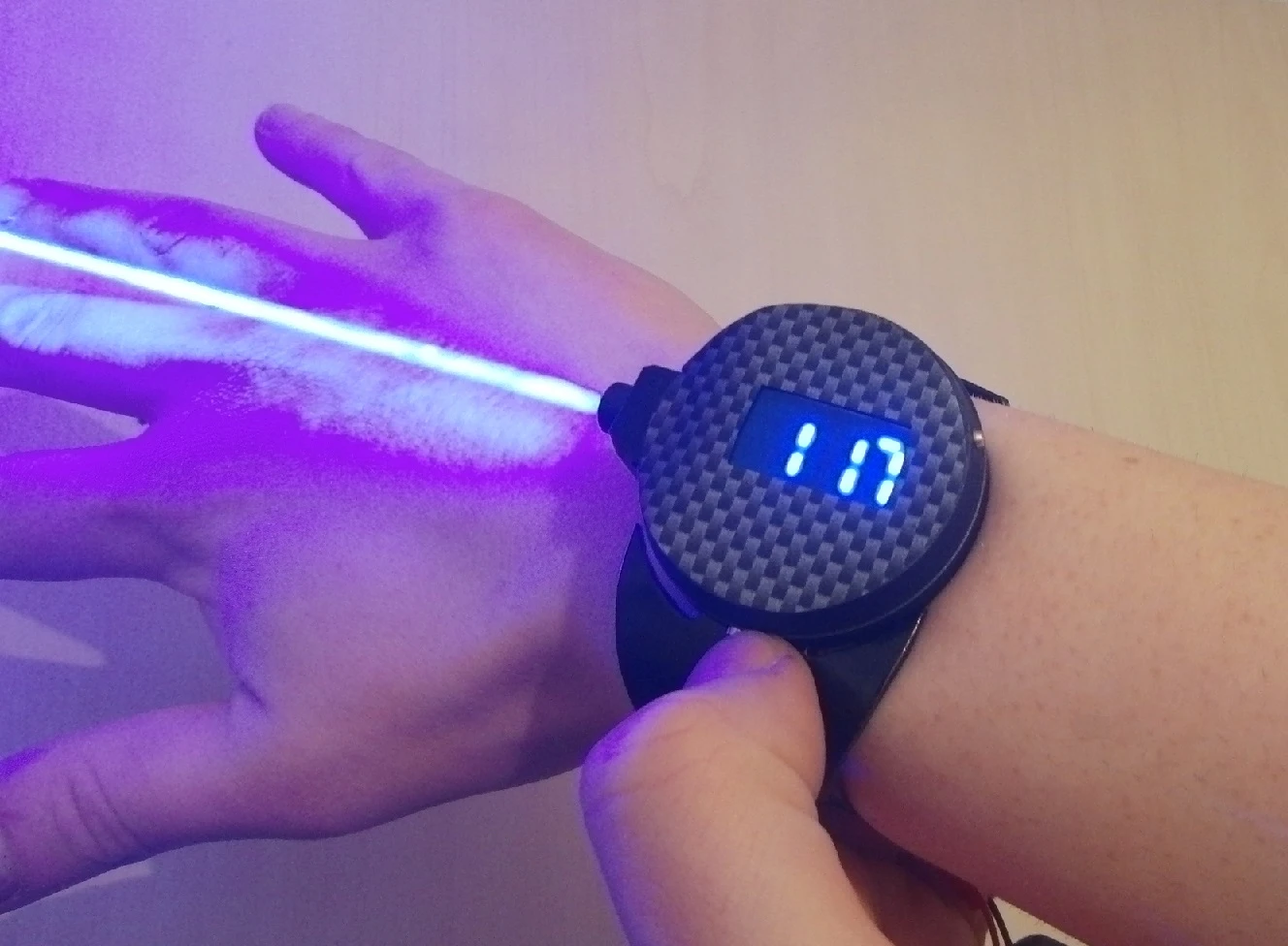 The LaserWatch displaying the time ... and doing that other thing