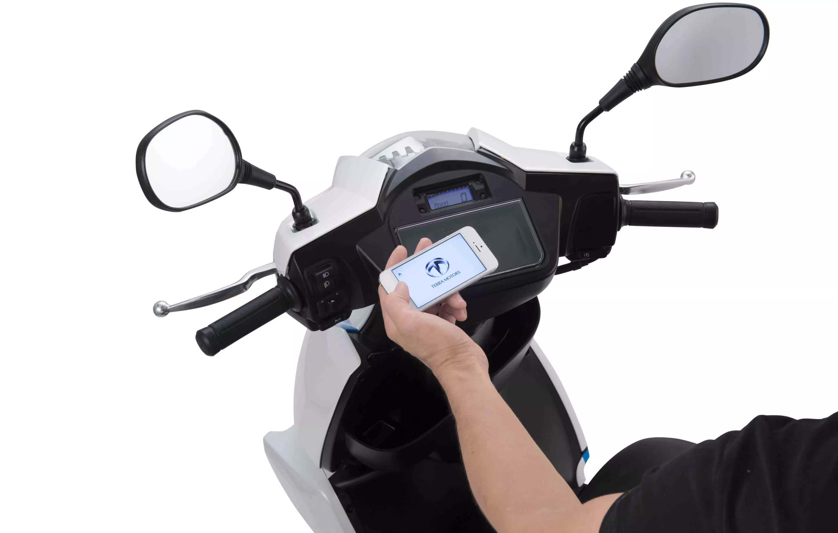 While the two-passenger scooter does feature a small LCD display on its console, most of the space that would normally be given over to instruments is instead occupied by an iPhone dock