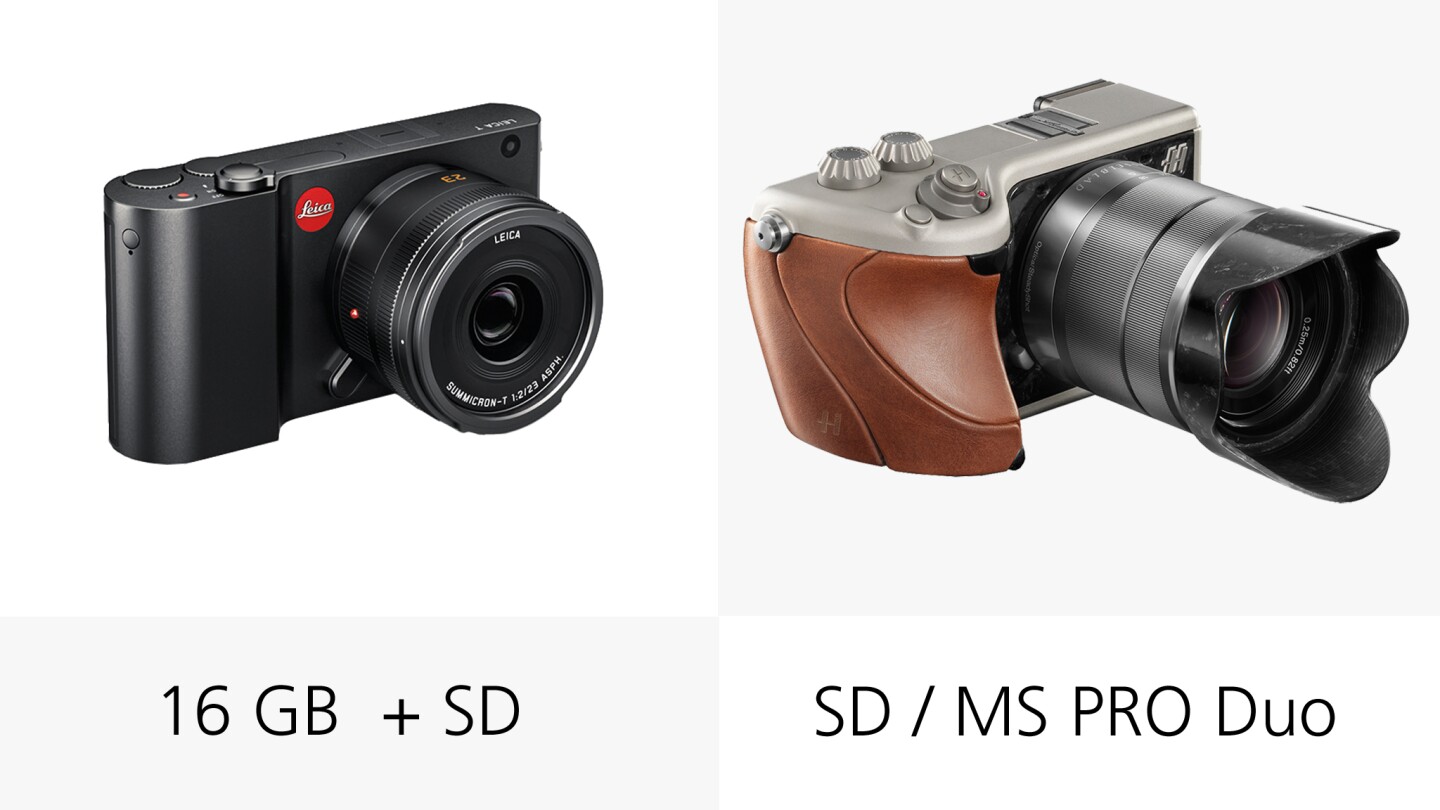 Both the Leica T and Hasselblad Lunar take SD cards, but the Leica also has 16 GB of internal storage
